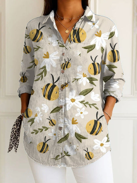 Women's  Funny Bee Art Print Casual Cotton Shirt