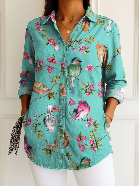 Women's  Flower Bird Art Print Casual Cotton Shirt