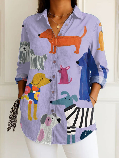 Women's  Funny Dog  Art Print Casual Cotton Shirt