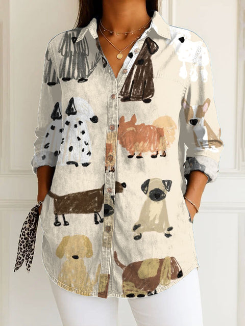 Women's  Funny Dog  Art Print Casual Cotton Shirt
