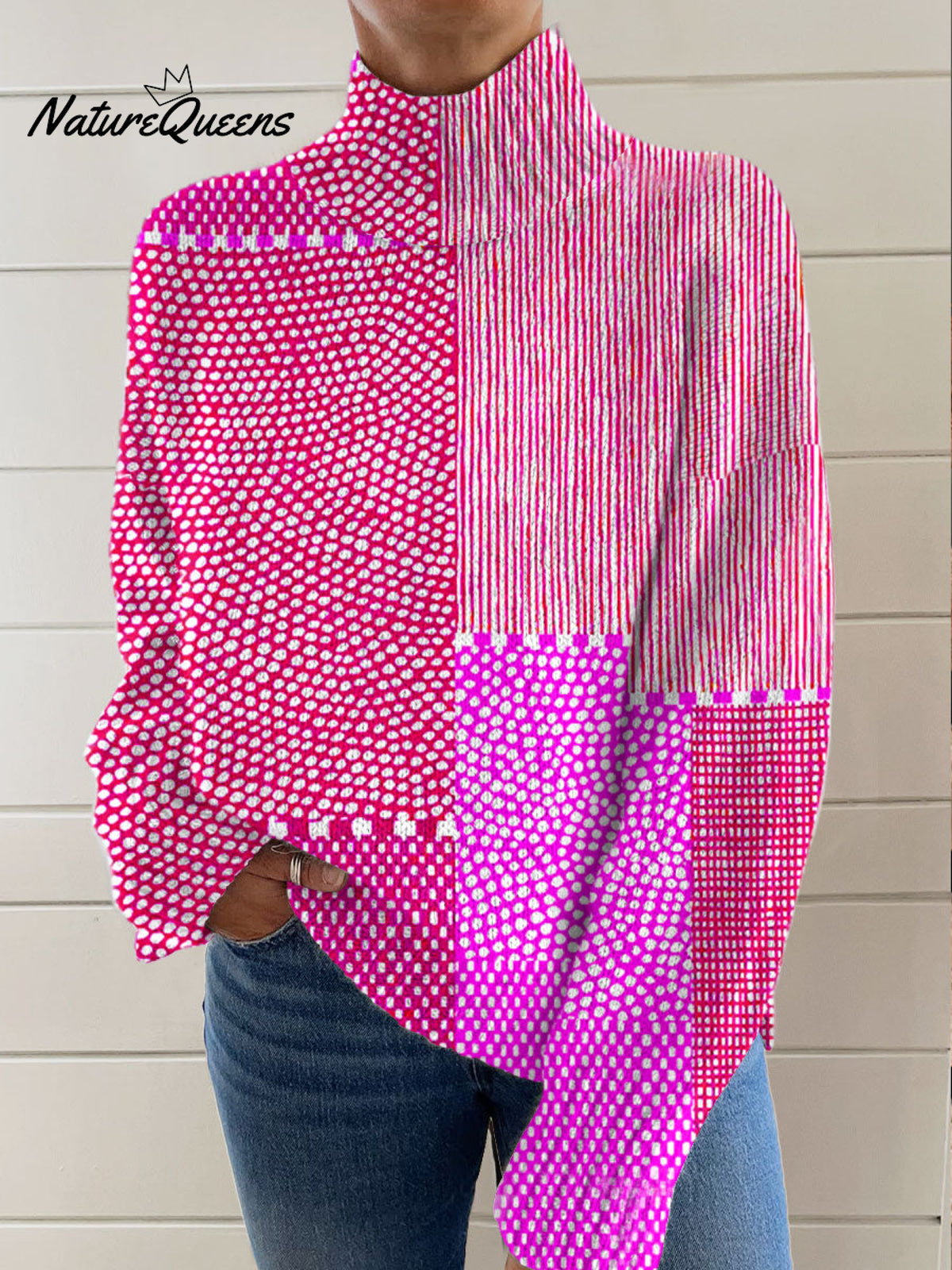 Vintage Abstract Geometric Art Print Knit Turtleneck Pullover Sweater