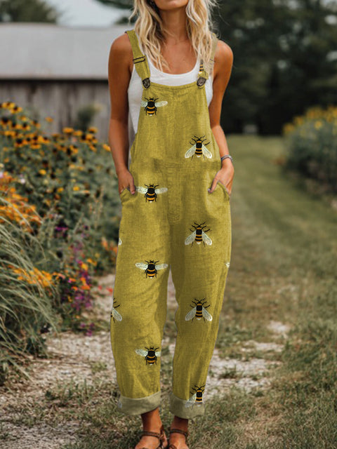 Women's  Funny Bee Art Print Casual 100% Cotton Wide Leg Jumpsuit