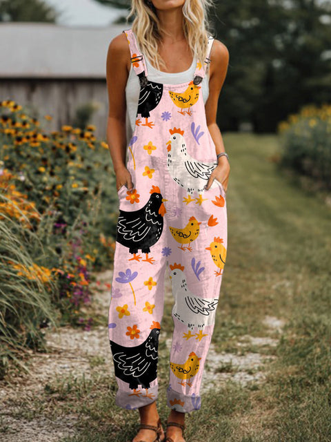 Women's  Funny Chicken Art Print Casual 100% Cotton Wide Leg Jumpsuit
