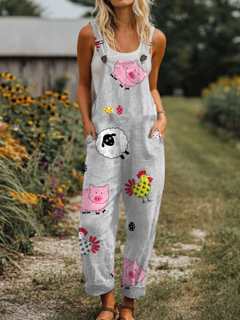 Women's  Funny  Animals  Art Print Casual 100% Cotton Wide Leg Jumpsuit