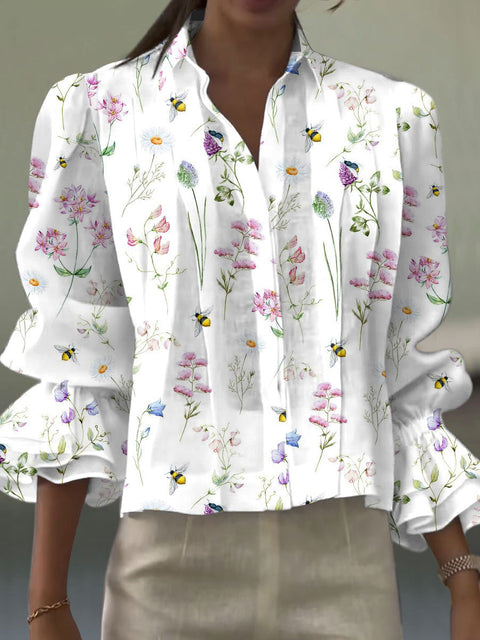 Women's  Flower Art Print Casual  Cotton And Linen Shirt