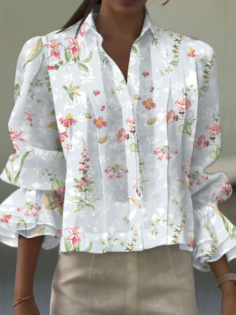 Women's  Flower Art Print Casual  Cotton And Linen Shirt