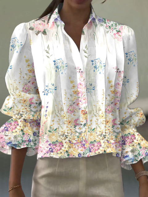 Women's  Flower Art Print Casual  Cotton And Linen Shirt