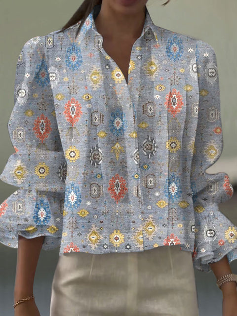 Women's  Flower Art Print Casual  Cotton And Linen Shirt