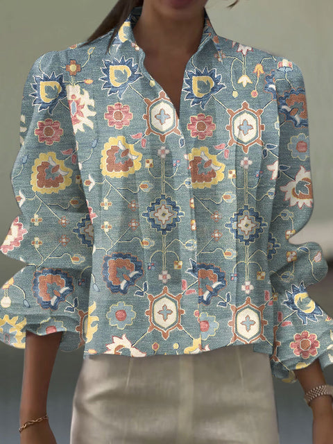 Women's  Flower Art Print Casual  Cotton And Linen Shirt
