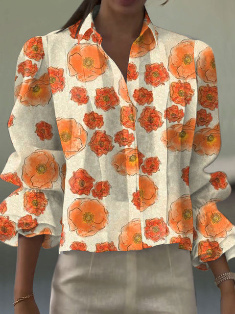 Women's  Flower Art Print Casual  Cotton And Linen Shirt