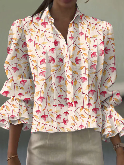 Women's  Flower Art Print Casual  Cotton And Linen Shirt