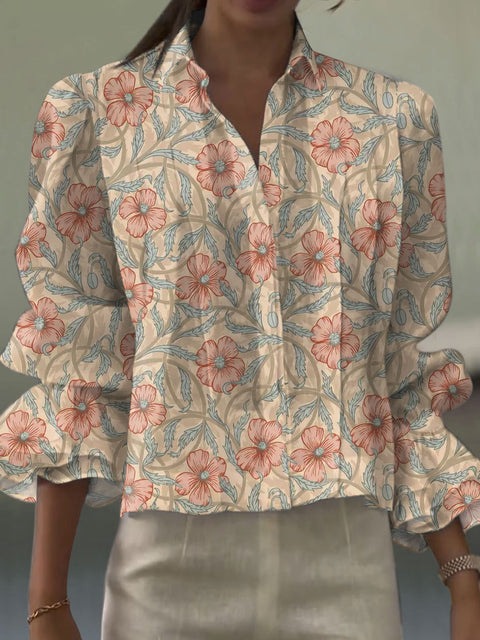 Women's  Flower Art Print Casual  Cotton And Linen Shirt