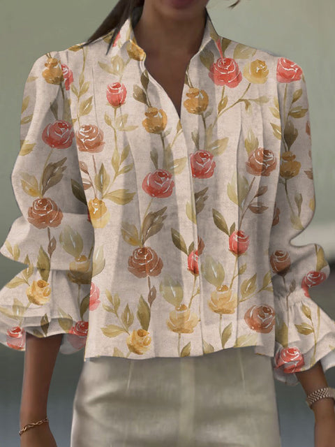 Women's  Flower Art Print Casual  Cotton And Linen Shirt