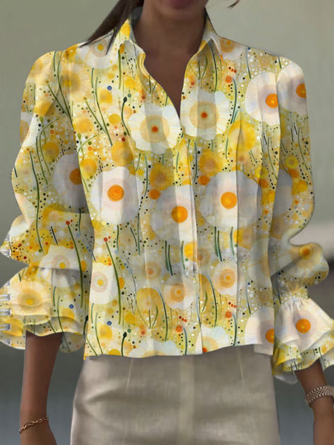 Women's  Flower Art Print Casual  Cotton And Linen Shirt