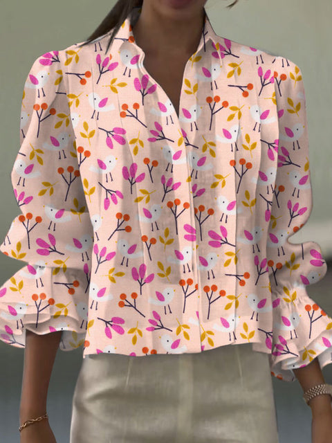 Women's  Flower Art Print Casual  Cotton And Linen Shirt