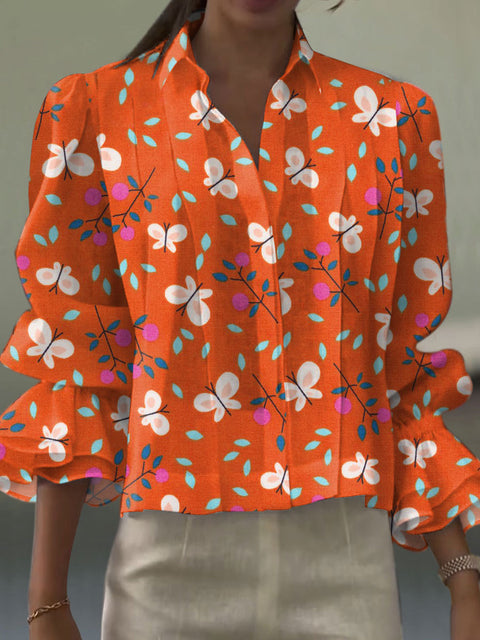 Women's  Flower Art Print Casual  Cotton And Linen Shirt