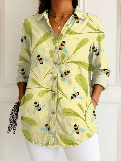 Women's  Funny Flower Bee Art Print Casual Cotton Shirt