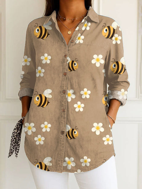 Women's  Funny Flower Bee Art Print Casual Cotton Shirt