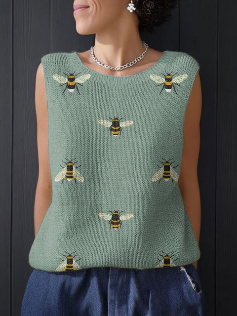 Women's Funny Bee Art Print Casual  Sleeveless Knitting Top