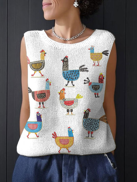 Women's Funny Chicken Art Print Casual  Sleeveless Knitting Top