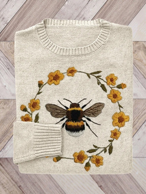 Funny Bee Flower Art Print Knit Pullover Sweater