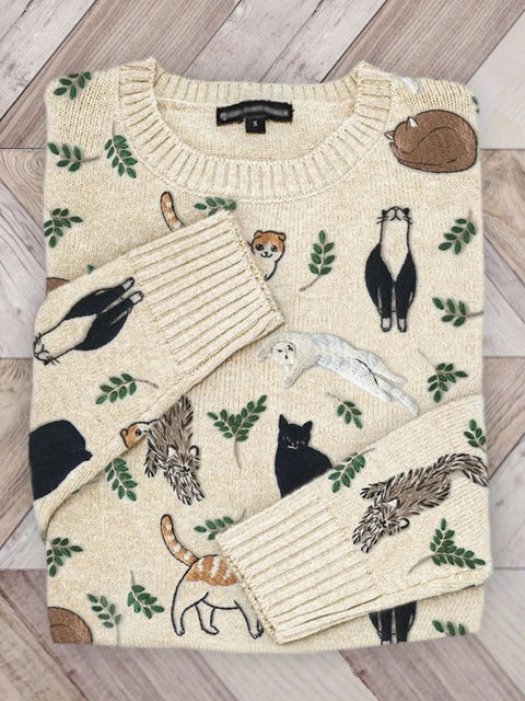 Cute Cat Flower Art Print Knit Pullover Sweater