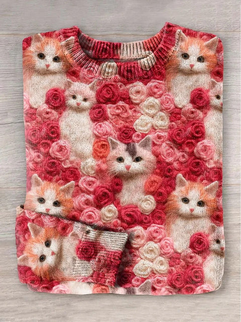 Cute Cat Flower Art Print Knit Pullover Sweater