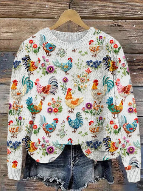 Funny Chicken Art Print Knit Pullover Sweater