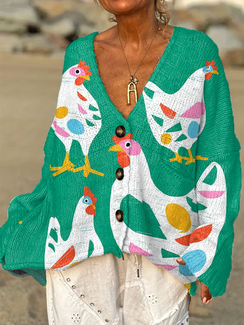 Women's Funny Chicken Art  Print Casual Pullover Sweater