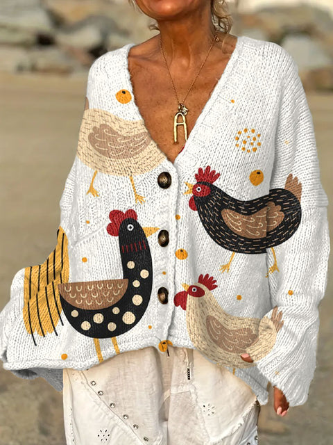Women's Funny Chicken Art  Print Casual Pullover Sweater