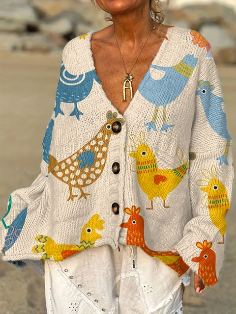Women's Funny Chicken Art  Print Casual Pullover Sweater
