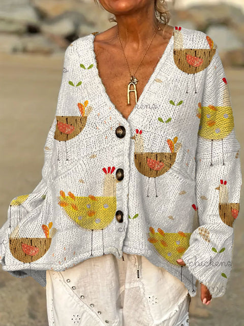 Women's Funny Chicken Art  Print Casual Pullover Sweater