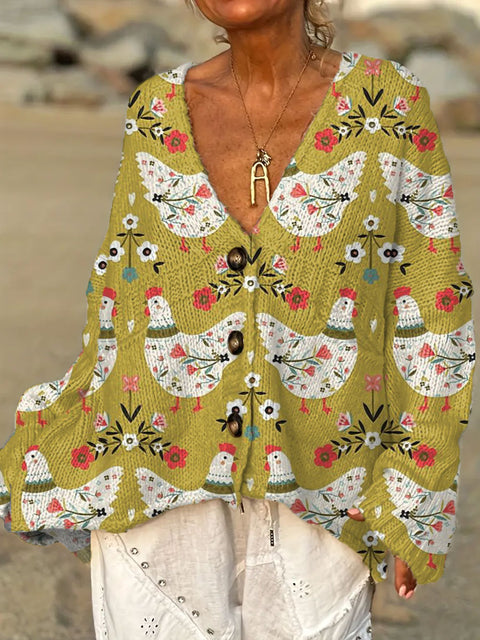 Women's Funny Chicken Art  Print Casual Pullover Sweater
