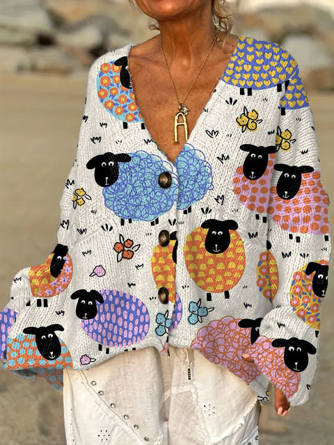 Women's Funny  Sheep Art  Print Casual Pullover Sweater