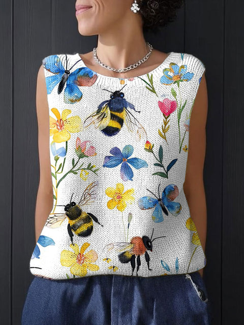 Women's Funny Bee Flower Art Print Casual Summer Knitting Top