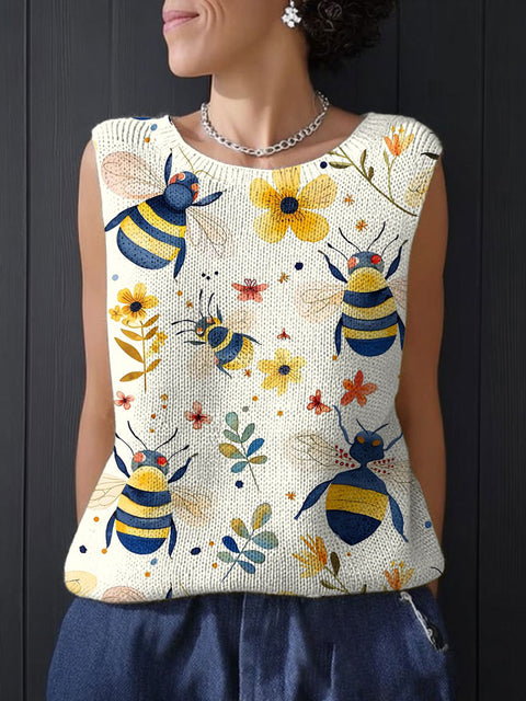 Women's Funny Bee Flower Art Print Casual Summer Knitting Top