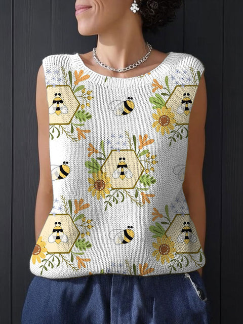 Women's Funny Bee Flower Art Print Casual Summer Knitting Top