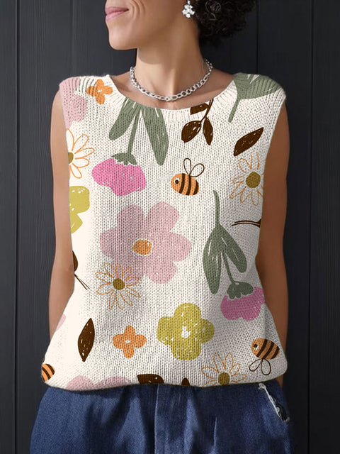 Women's Funny Bee Flower Art Print Casual Summer Knitting Top