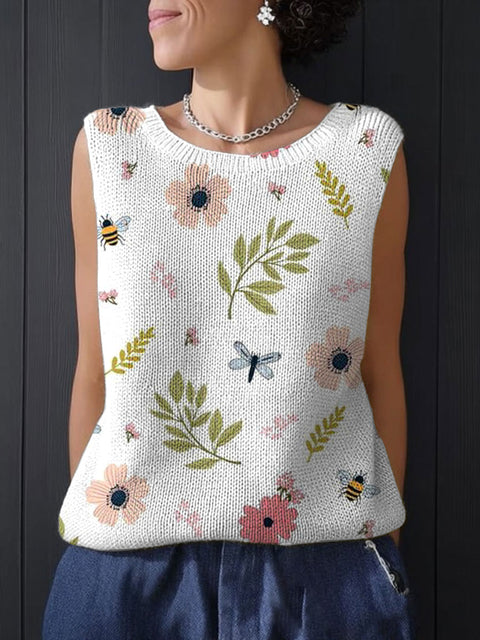 Women's Funny Bee Flower Art Print Casual Summer Knitting Top