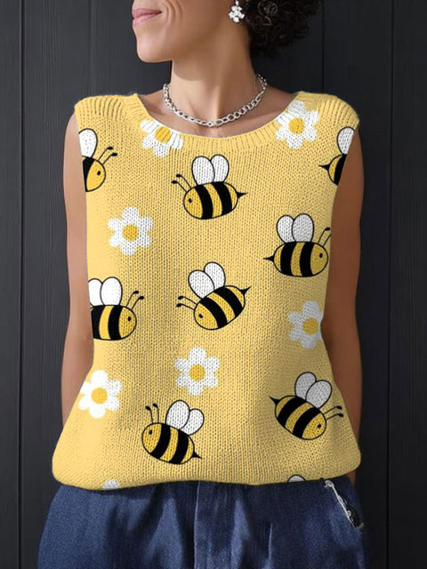 Women's Funny Bee Flower Art Print Casual Summer Knitting Top
