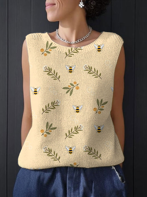 Women's Funny Bee Flower Art Print Casual Summer Knitting Top