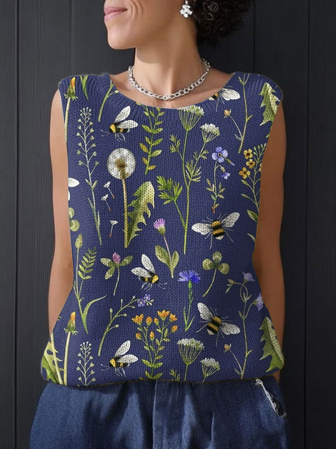 Women's Funny Bee Flower Art Print Casual Summer Knitting Top