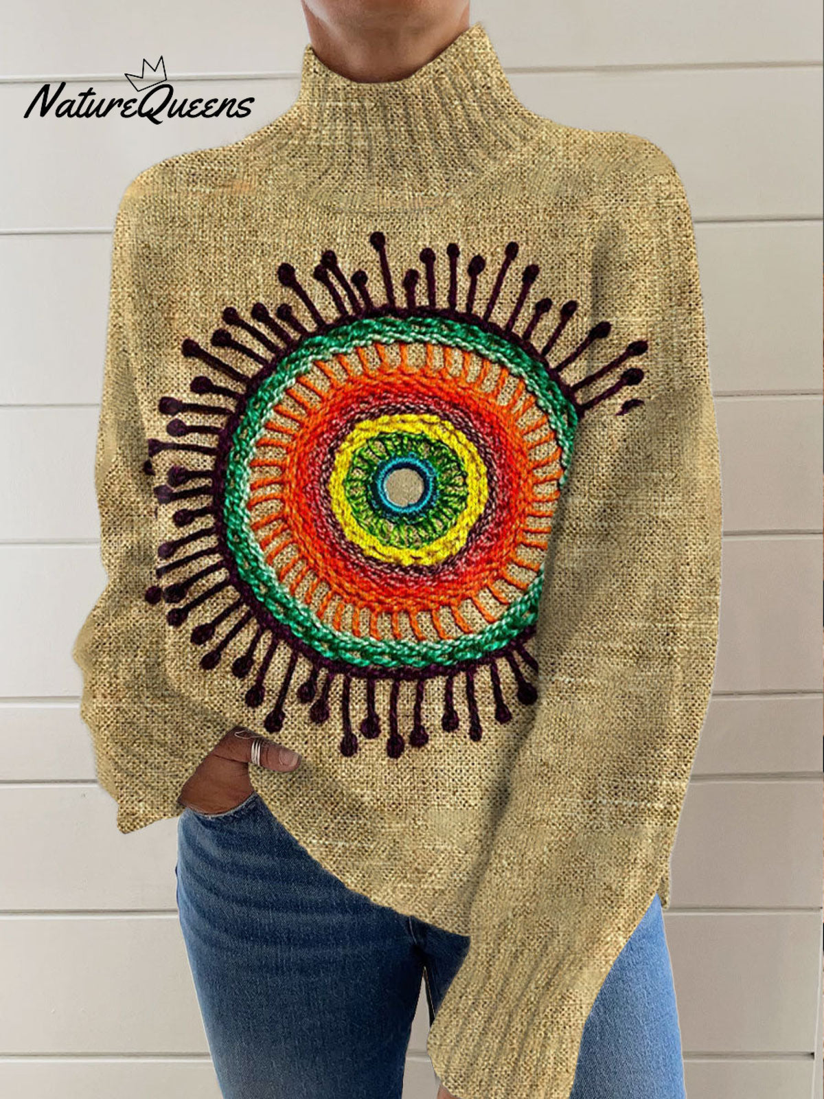 Vintage Psychedelic Collage Sunflower Retro Hippie Art Pattern Art Print Knit Turtleneck Pullover Sweater