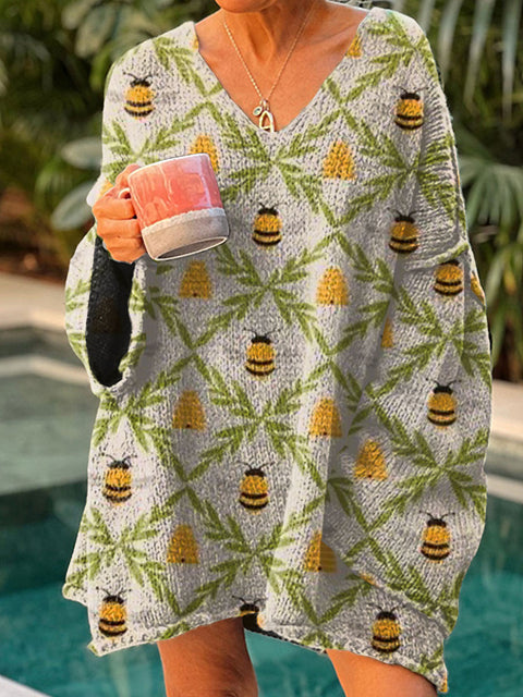 Women's Funny Bee Flower Art Print Casual Pullover Sweater