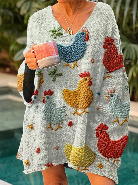 Women's Funny Chicken Art Print Casual Pullover Sweater