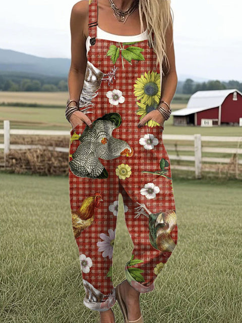 Women's  Funny Chicken Art Print Casual 100% Cotton Wide Leg Jumpsuit