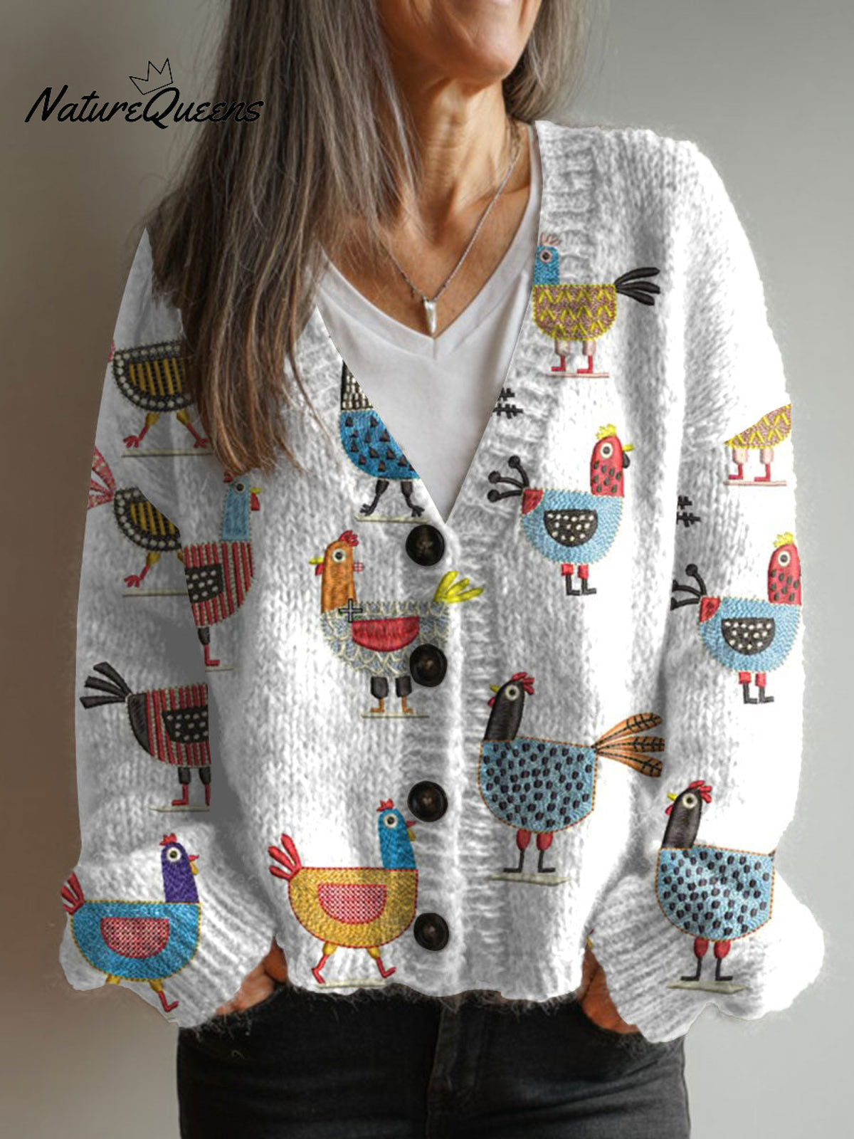 Vintage Chicken Art Print Buttoned V-neck Cardigan Sweater