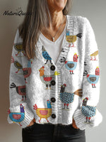 Vintage Chicken Art Print Buttoned V-neck Cardigan Sweater