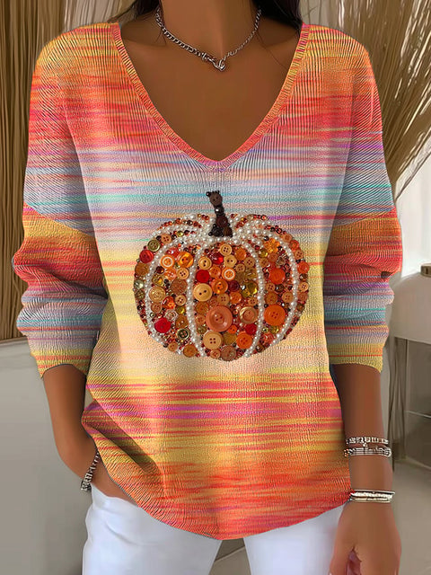 Women's Autumn Gradient  Pumpkin  Art Print Casual Pullover Sweater