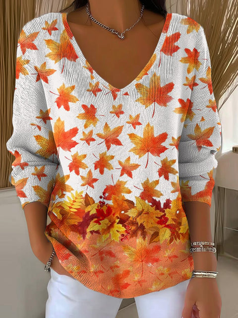 Women's Autumn Gradient  Maple Leaf  Art Print Casual Pullover Sweater